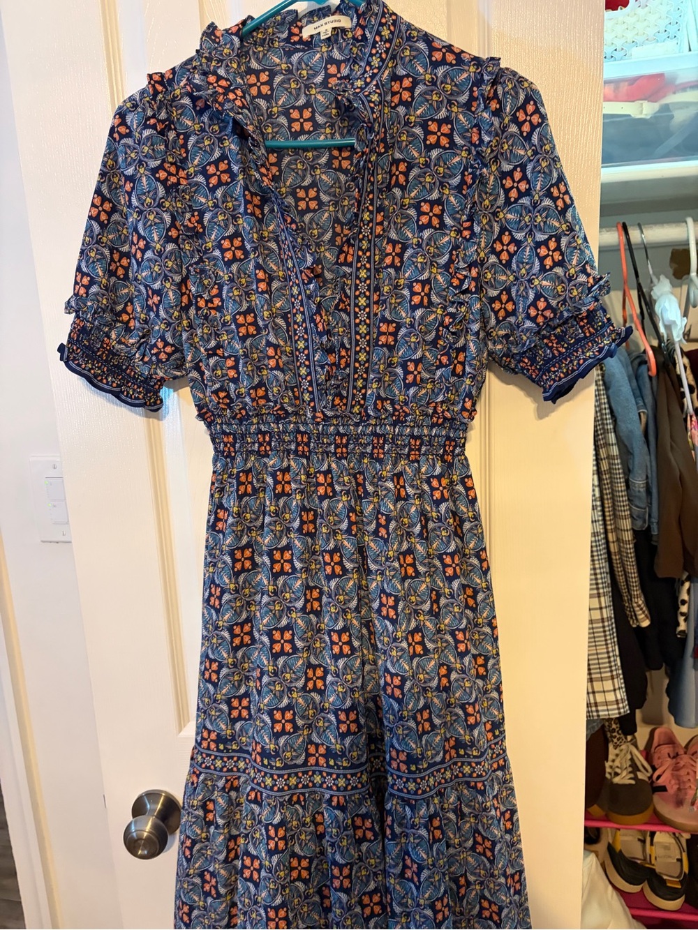 Max Studio Blue Floral Maxi Dress with Orange Accents